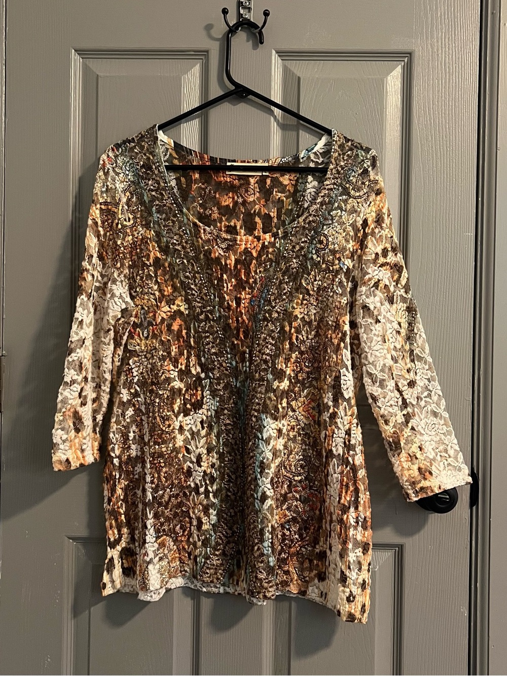 Impulse California Women's Brown Cream Embroidered Lace-Trim Tunic Mesh